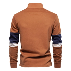Back view of brown long sleeve polo sweatshirt with navy and white striped sleeves