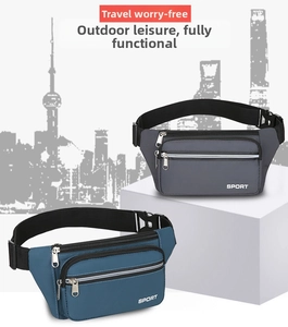 Detail of waterproof sports waist bags with multiple zipper pockets and adjustable straps