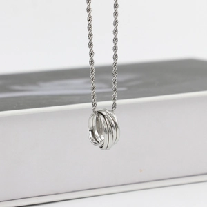 Silver interlocking triple ring pendant necklace with twisted rope chain for couples