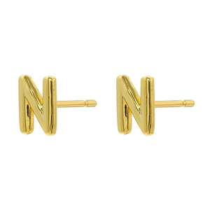 Detailed view of 18K gold plated letter N stud earring with butterfly backing