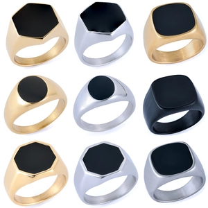 Stainless Steel Signet Ring For Men Women Geometric Square Hexagon Round Black Enamel Inlay Minimalist Vintage Jewelry