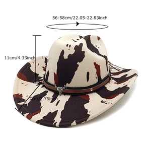 Western cowboy hat featuring a vintage cow print pattern and metal bull head ornament