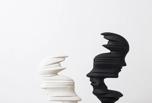 Close-up of abstract black and white silhouette sculptures with matte frosted texture