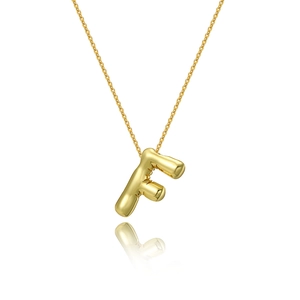 Macro view of balloon style letter F pendant in 18K gold plated finish with reflection
