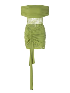 Green off-shoulder lace patchwork bodycon dress with ruching and ribbon detail