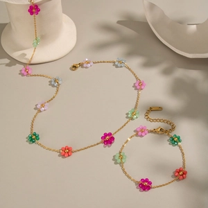 Bohemian Colorful Flower Beads Necklace And Bracelet Stainless Steel Sweet Floral Waterproof Hypoallergenic Jewelry For Women