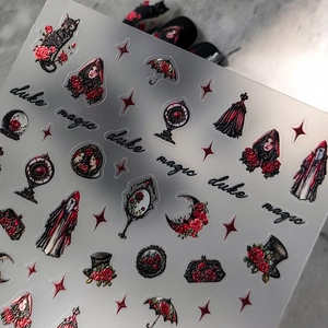 Autocollants 3D pour ongles style gothique avec chat noir et roses rouges