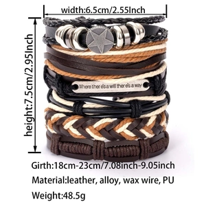 Detail view of multilayer leather bracelet with engraved quote and size dimensions
