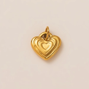 Golden 18K vacuum plated stainless steel heart pendant with layered concentric design