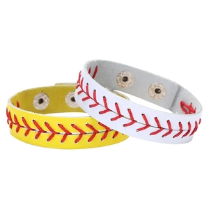 Yellow and white leather baseball bracelets with red stitching and metal snap buttons