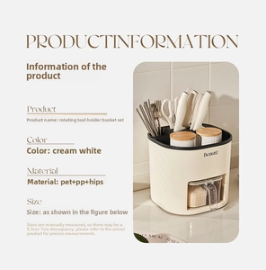 Detailed view of cream-white rotating kitchen knife holder with integrated storage features