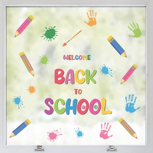 Back To School Wall Stickers PVC Colorful Crayon Pencil Rainbow Handprint Classroom Kindergarten Kids Room Decoration Cartoon