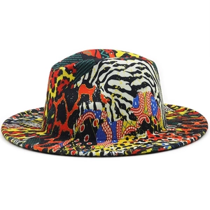 Detailed view of colorful graffiti abstract print on black wide brim fedora hat