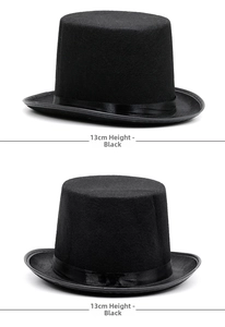 Detail showing the 13cm height of a black vintage top hat with smooth felt texture
