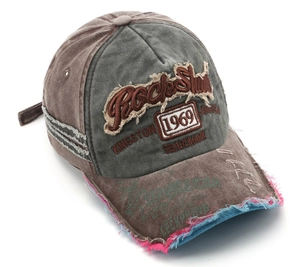 Detail of RockShark 1969 embroidery and multi-layer distressed brim on vintage cap