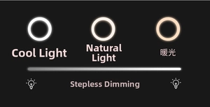 LED makeup mirror detail showing cold, natural, and warm light modes with dimming feature
