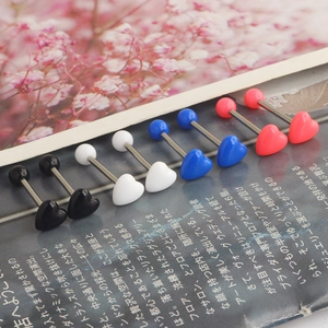 Set of heart-shaped acrylic tongue rings and piercing studs in five assorted colors