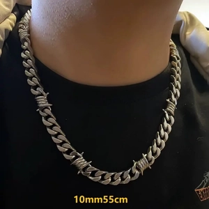 Silver cuban chain necklace with punk barbed wire design, 10mm width and 55cm length