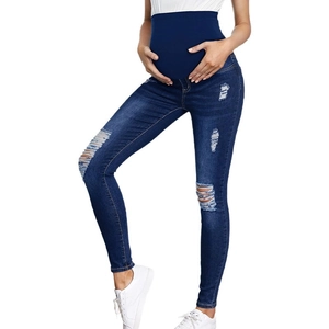 Slim fit maternity ripped jeans in dark blue with high waist elastic belly support