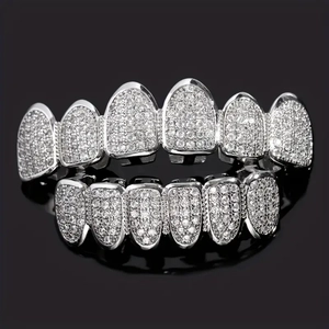 Hip-hop grillz set with micro-paved silver zircon on shiny stainless steel frames