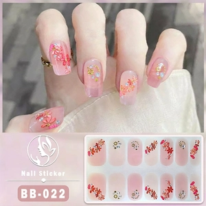 5D pink gradient floral nail stickers with gold accents and rhinestones, 14 pieces set