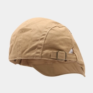 Vintage khaki cotton flat cap with adjustable metal buckle strap and visible stitching