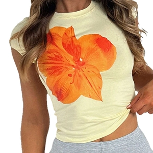 Y2K slim fit light yellow T-shirt with orange floral print for women on white background