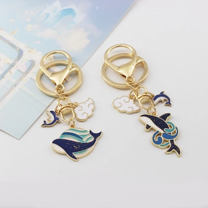 Cute Cartoon Whale Dolphin Metal Keychain Creative Auspicious Cloud Enamel Car Key Ring Bag Pendant Couples Gift Accessory