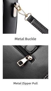Close-up of black leather bag with premium gold hardware hooks and metal zipper details