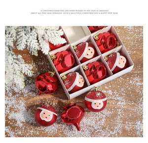 Detail of red Santa painted Christmas balls and ornaments in a nine-grid box set