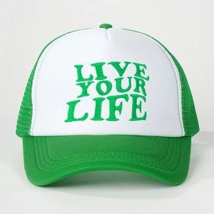 Green and white trucker hat featuring Live Your Life embroidery and breathable mesh back