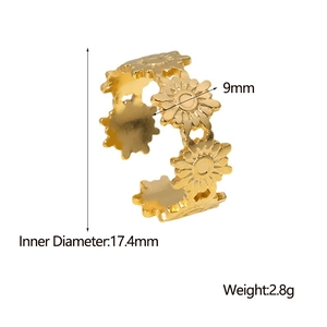 18k gold plated stainless steel open flower ring with detailed size and weight specs