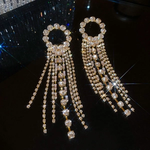Detail of sparkling crystal tassel earrings with a round stud and cascading rhinestones