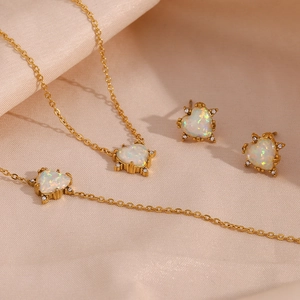 Vintage Stainless Steel Heart Shaped Artificial Opal Necklace Earrings Bracelet Gold Silver Plated Rhinestone Jewelry For Women