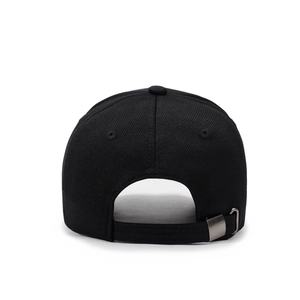 Unisex black hard-top baseball cap featuring adjustable metal buckle and cotton twill texture