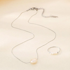 Artificial Baroque Pearl Pendant Necklace And Artificial Pearl Ring Jewelry Set Stainless Steel Minimalist Elegant French Style For Women