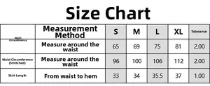Size chart table for bikini tassel skirt showing waist and length in cm for sizes S to XL
