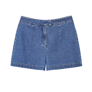 Short en jean taille haute bleu foncé pour femme avec coutures et texture premium