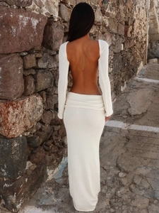 Elegant white long sleeve backless maxi dress in textured fabric for autumn sets