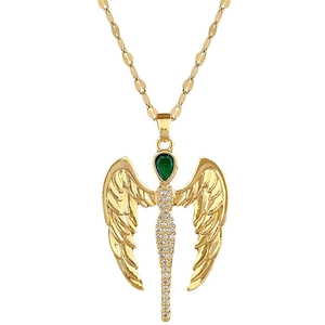Titanium steel angel pendant necklace with green teardrop gem and sparkling crystals