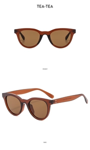 Front and side views of stylish amber tea retro cat-eye sunglasses with translucent frames