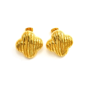 Vintage 18K gold plated clover stud earrings with textured stainless steel finish