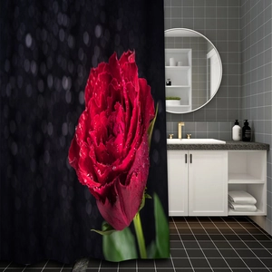 Detailed view of digital 3D red rose printed waterproof shower curtain in bathroom
