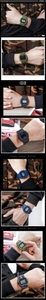 Close-up of SKMEI square digital sports watches in military camouflage and solid colors