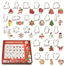 Flat lay of 24 pieces stainless steel Christmas cookie cutter set with storage box
