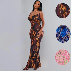 Women Pleated Maxi Dress Floral Abstract Print Spaghetti Strap Slim Fit Cowl Neck Vacation Style