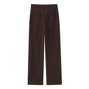Detail view of the back side of dark brown straight-leg trousers with side stripes