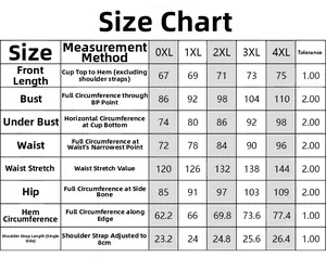 Size chart for plus size one-piece swimsuit ranging from 0XL to 4XL with measurements