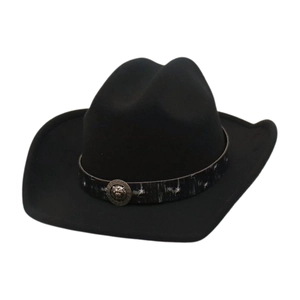 Classic black western cowboy hat featuring a silver lion head emblem and curved wide brim