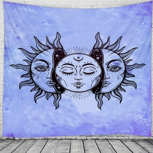 Detail of mystical sun and moon tapestry with purple gradient watercolor stars